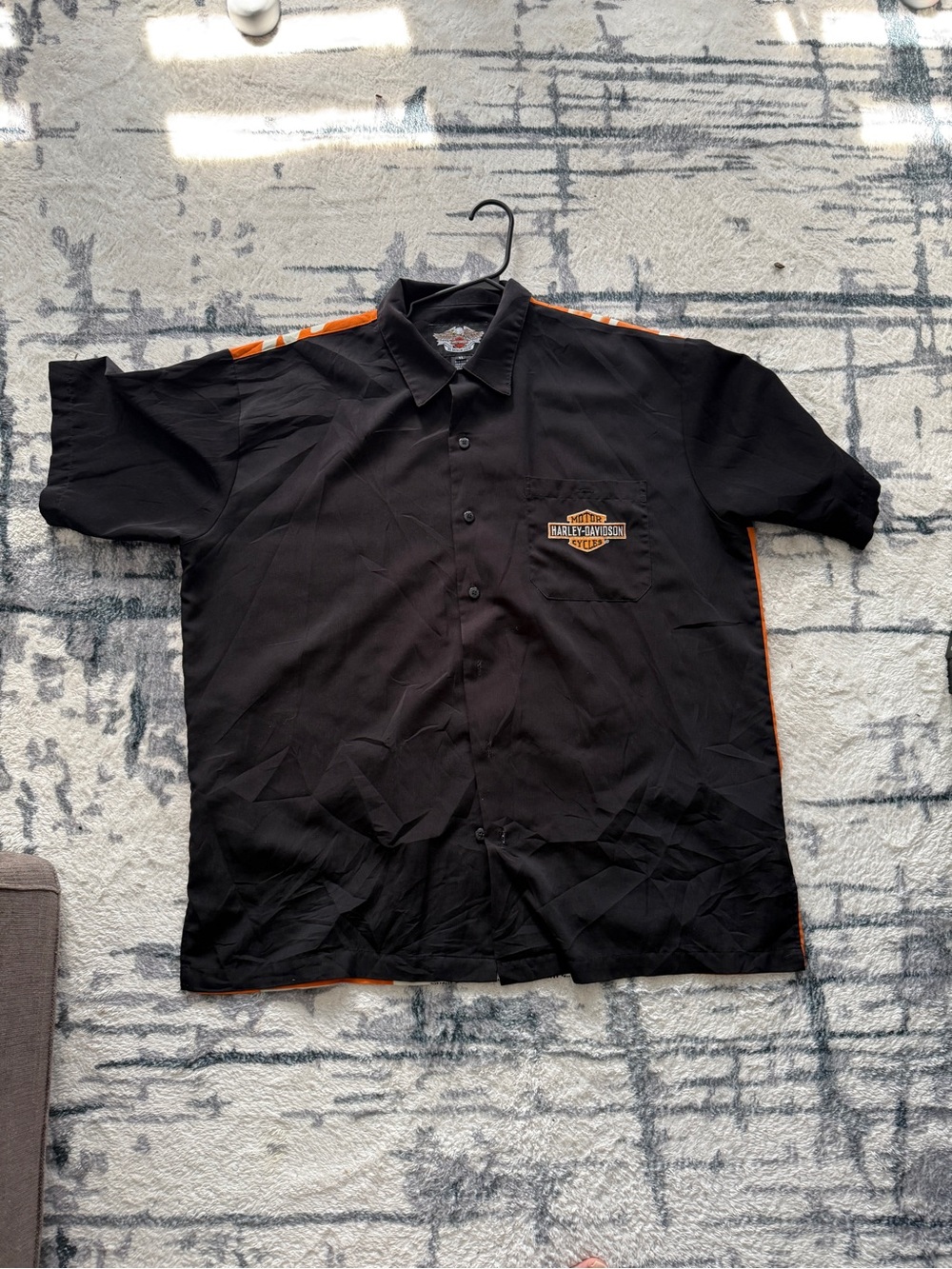 Harley-Davidson Black Short Sleeve Button-Down Shirt with Orange Accents